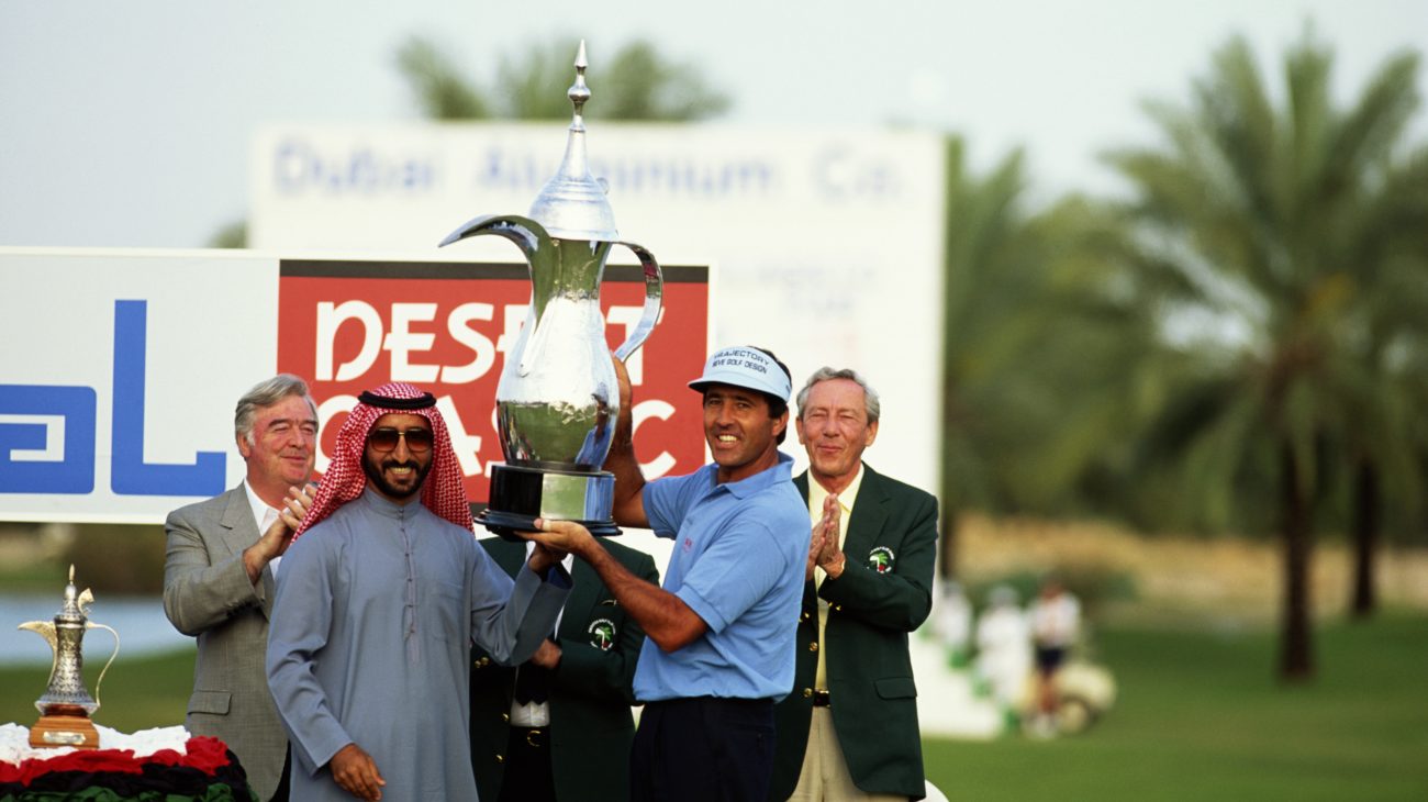 Seve Ballesteros juhli voittoa Emirates Golf Clubilla vuonna 1992