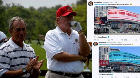 Michael Bloomberg ja Donald Trump sulassa sovussa golfkentällä vuonna 2007. Oikealla kuvakaappauksia Trumpin vaalikampanjasta.